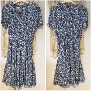 Vintage '80s ED Michaels Midi Dress - SZ Medium - Blue Tea Garden Floral Dress